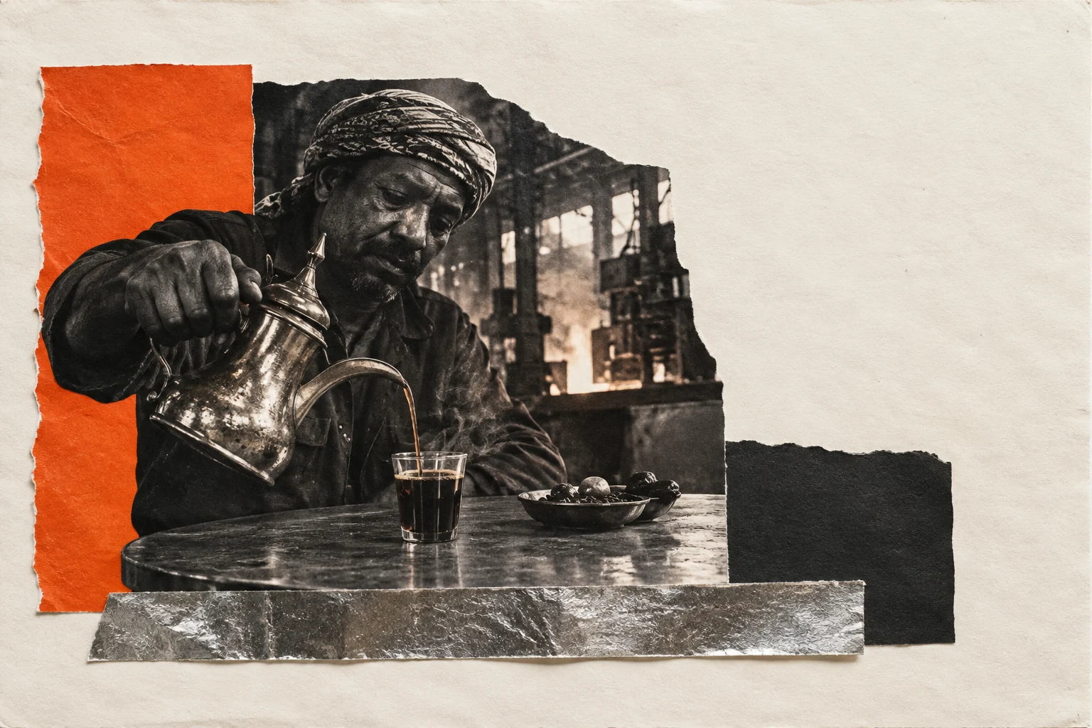 Collage of a man pouring coffee from a brass pot into a small glass, with a dish of dates on the table