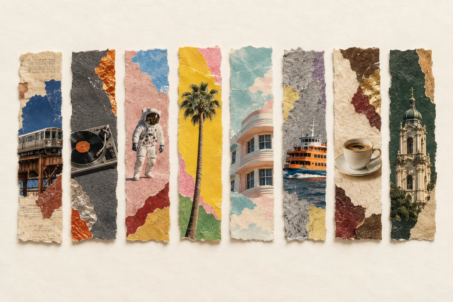 Eight torn paper strips, one for each KEVNS city